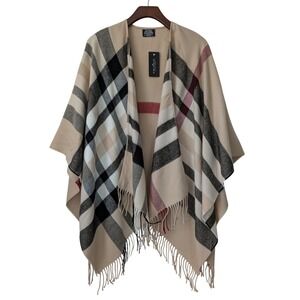 Fraas Plaid Cape Wrap with Fringe-Trim Womens One Size Beige Plaid NWT $135